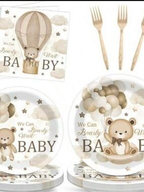 Neutral Bear Hot Air Balloon Baby Shower Paper Plates & Napkins - Party Set